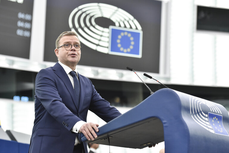 Statsminister Petteri Orpo i Europaparlamentet den 13 Mars 2024. Bild: EU